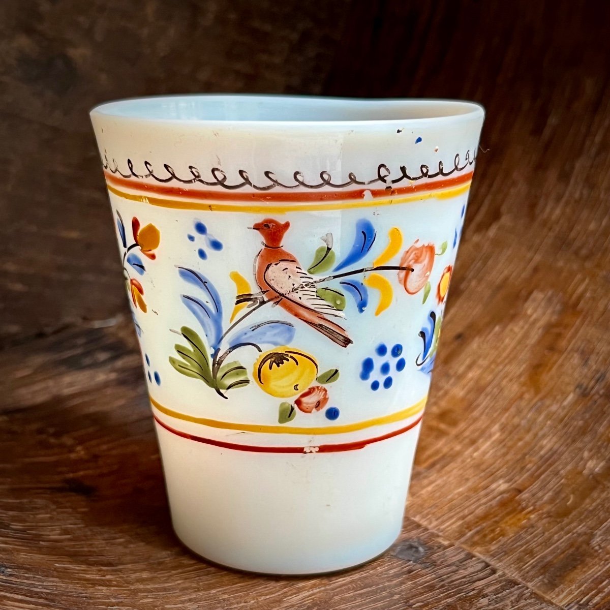 Opaline Glass Goblet With Enameled Decoration Of Birds And Flowers, Alsace 18th Century 18th