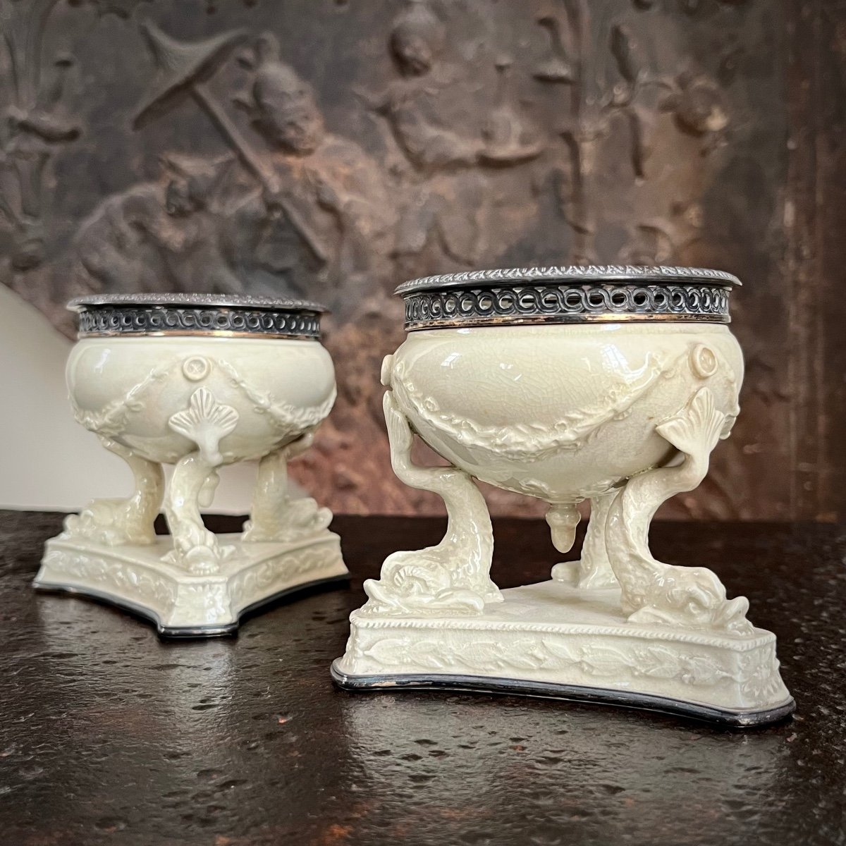 Pair Of Fine Earthenware Tripod Cups With Dolphin Decoration, Silver Mount By Boin Taburet-photo-1