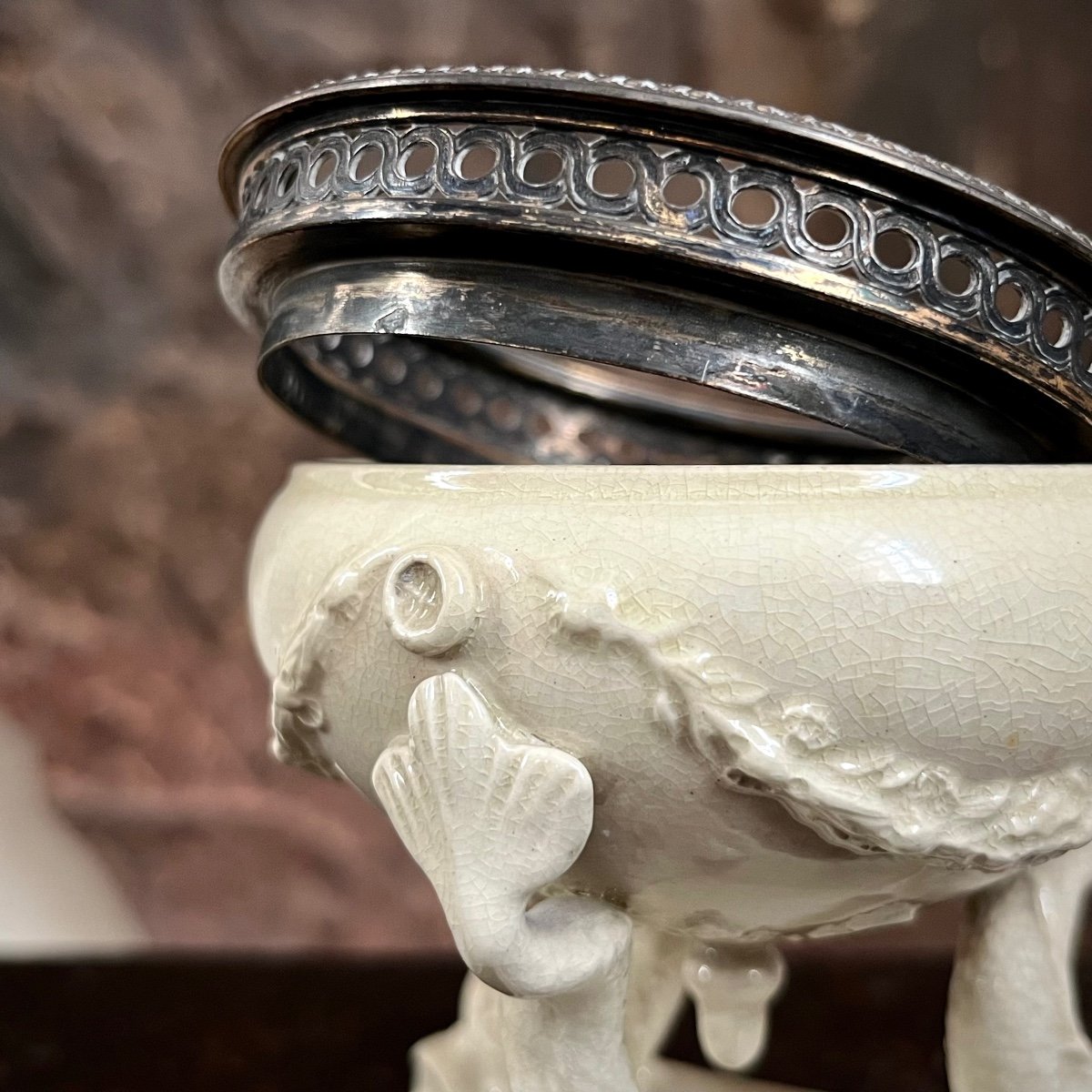 Pair Of Fine Earthenware Tripod Cups With Dolphin Decoration, Silver Mount By Boin Taburet-photo-3