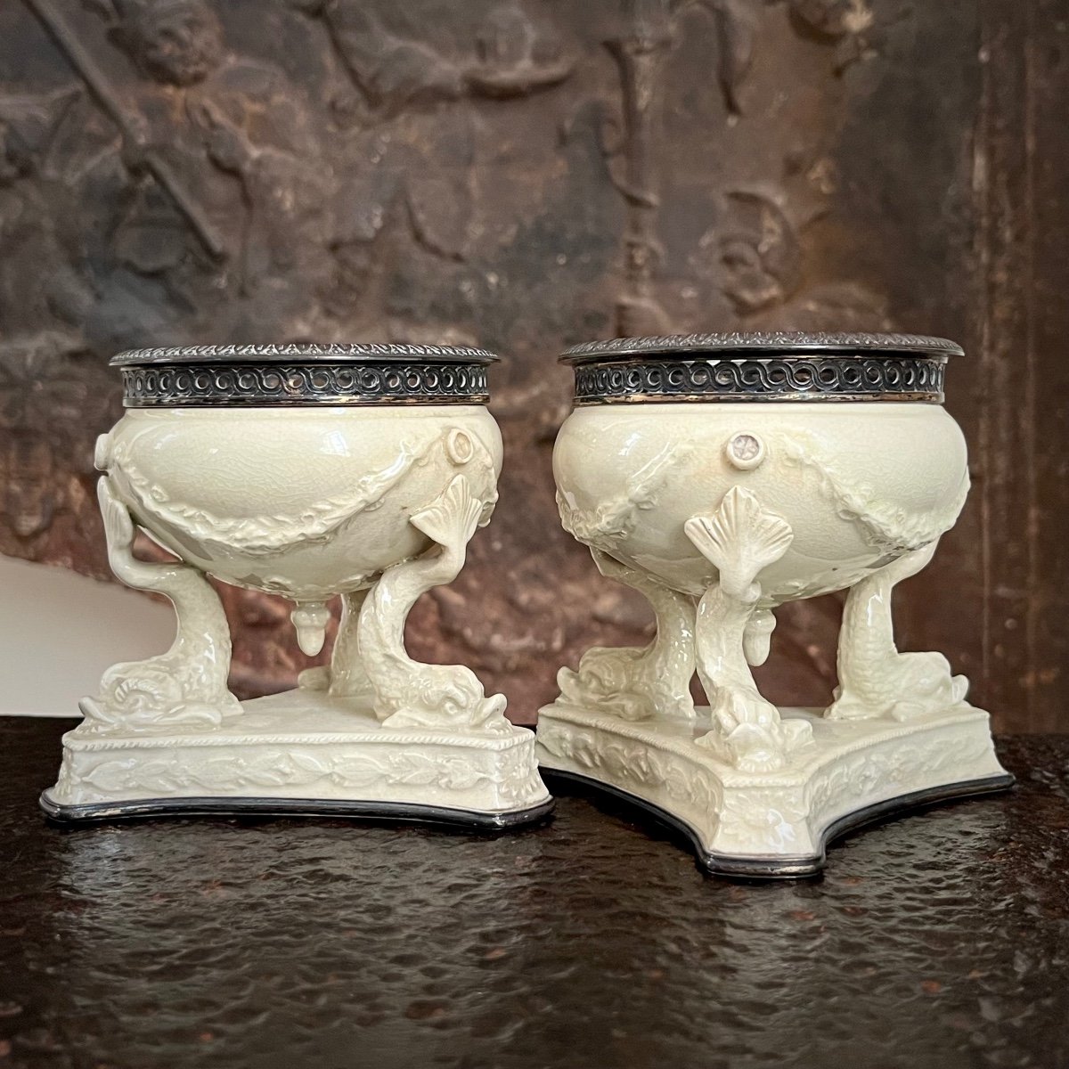 Pair Of Fine Earthenware Tripod Cups With Dolphin Decoration, Silver Mount By Boin Taburet