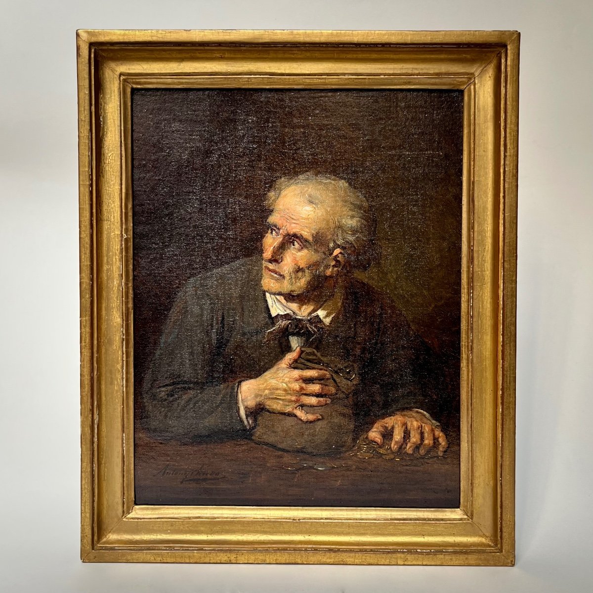 Painting Portrait Of A Miser, Oil On Canvas 19th Century Greedy Man And His Money - Gold 19th -photo-2