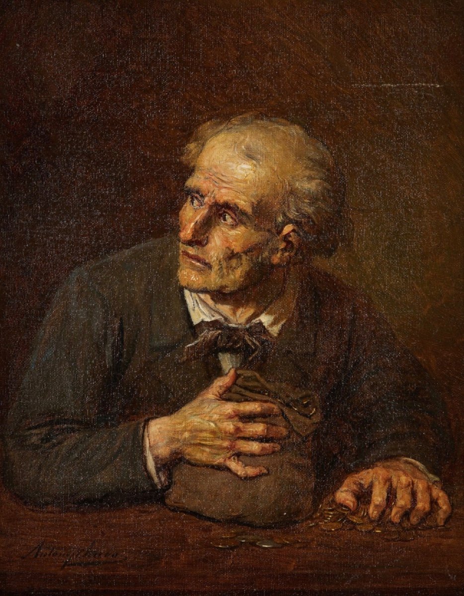 Painting Portrait Of A Miser, Oil On Canvas 19th Century Greedy Man And His Money - Gold 19th -photo-3