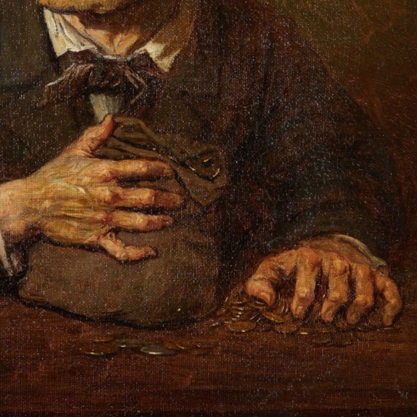 Painting Portrait Of A Miser, Oil On Canvas 19th Century Greedy Man And His Money - Gold 19th -photo-1