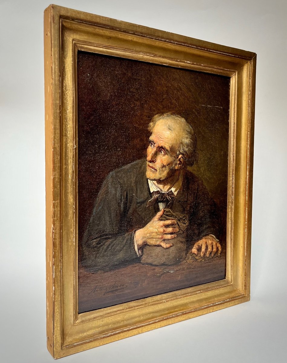 Painting Portrait Of A Miser, Oil On Canvas 19th Century Greedy Man And His Money - Gold 19th -photo-3