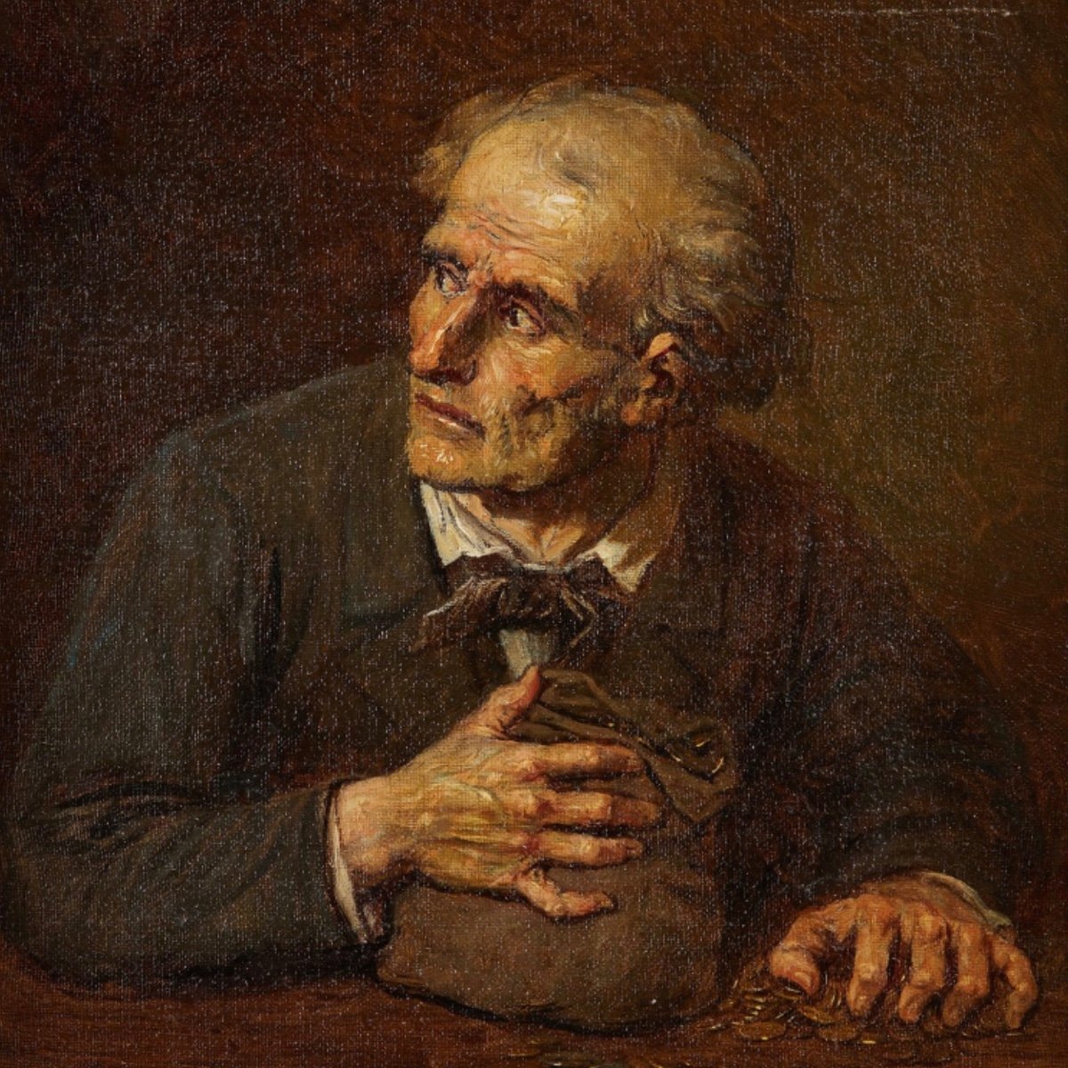 Painting Portrait Of A Miser, Oil On Canvas 19th Century Greedy Man And His Money - Gold 19th 