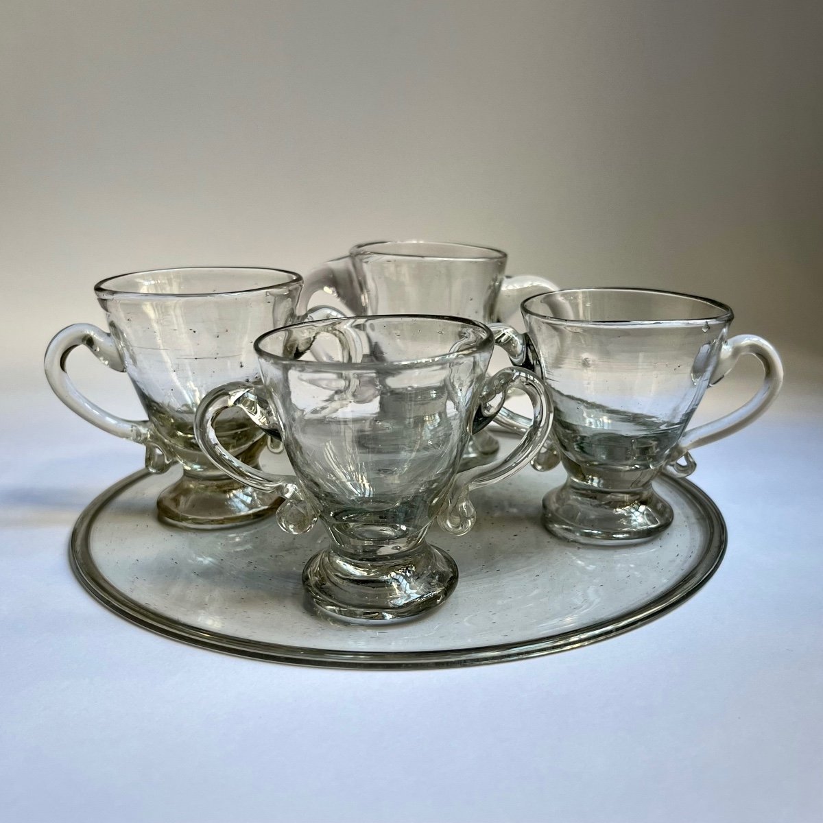 Four Sorbet Cups With Handles On A Blown Glass Tray, 18th Century, 18th Century Ice Cream