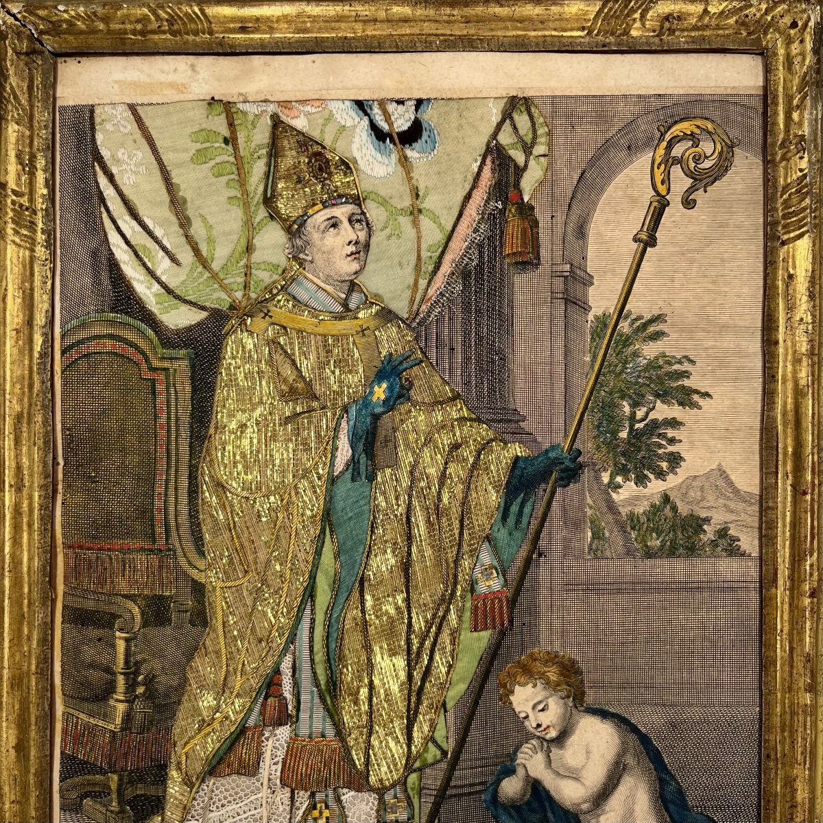 Saint Claude, gravure habillée du XVIIIe siècle d'après Mignard 18e dans un cadre en bois doré-photo-2