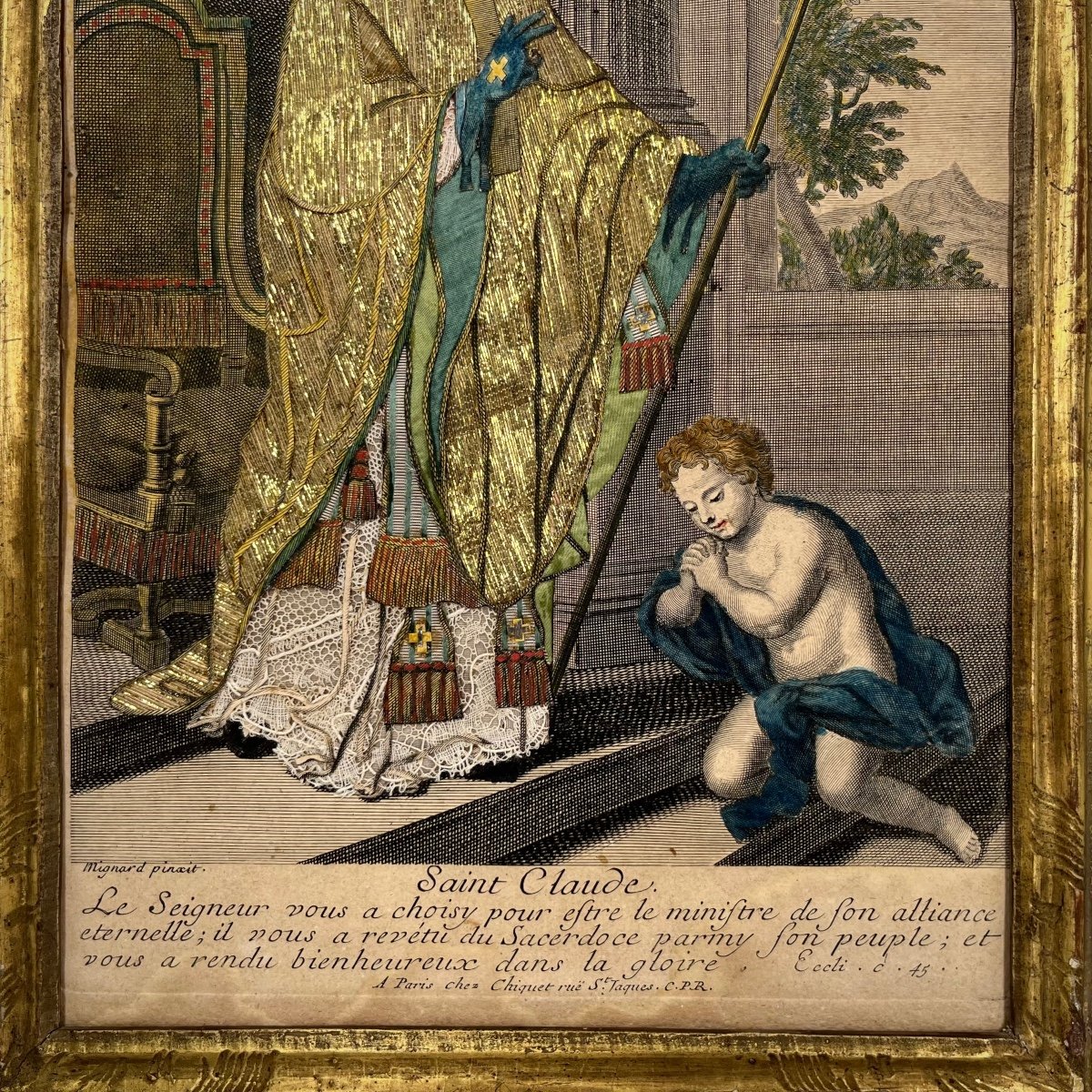 Saint Claude, gravure habillée du XVIIIe siècle d'après Mignard 18e dans un cadre en bois doré-photo-3