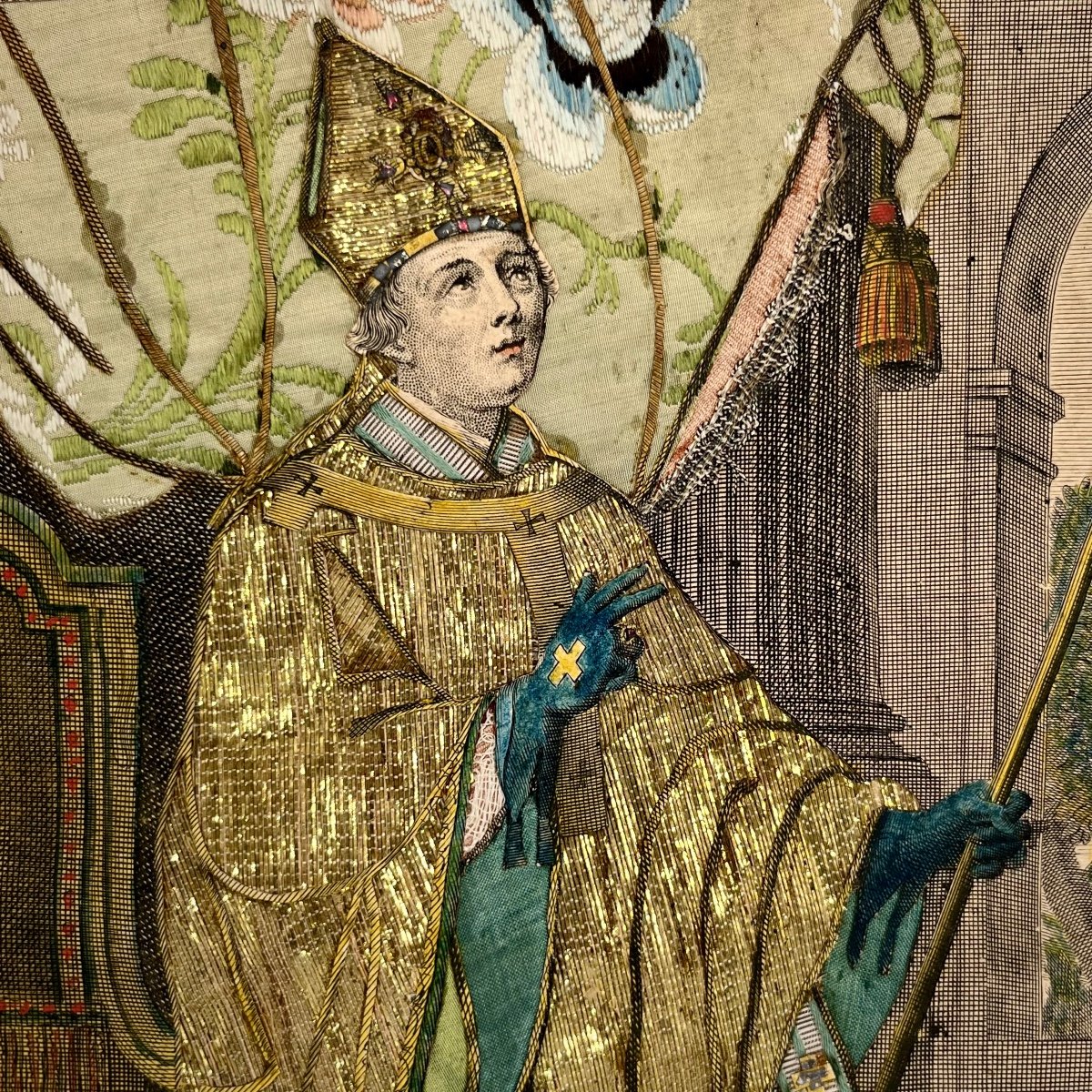 Saint Claude, gravure habillée du XVIIIe siècle d'après Mignard 18e dans un cadre en bois doré-photo-4