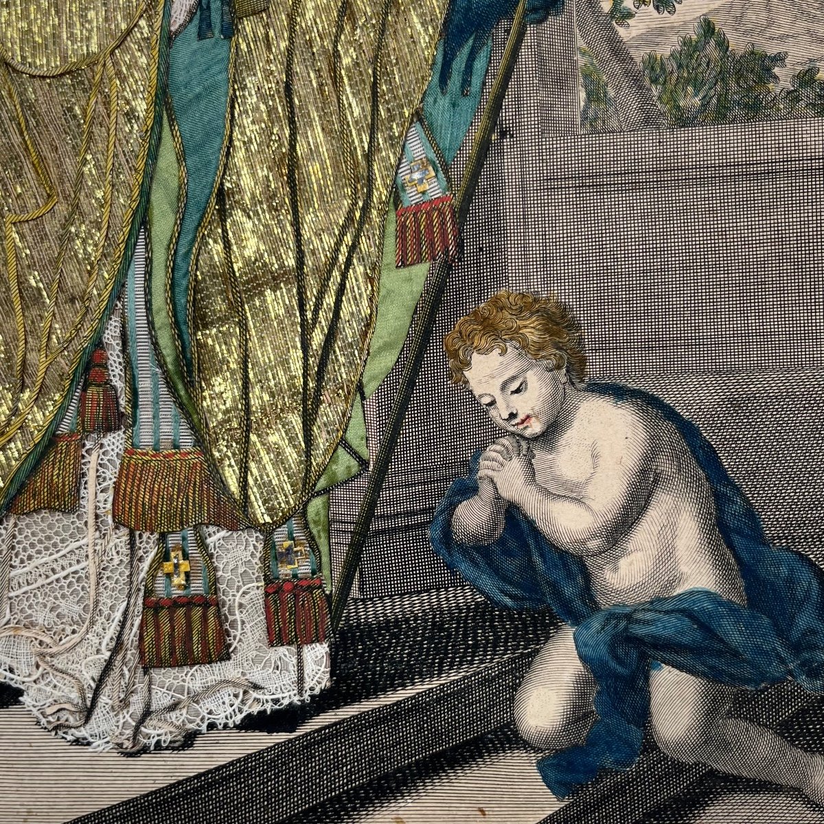 Saint Claude, gravure habillée du XVIIIe siècle d'après Mignard 18e dans un cadre en bois doré-photo-1