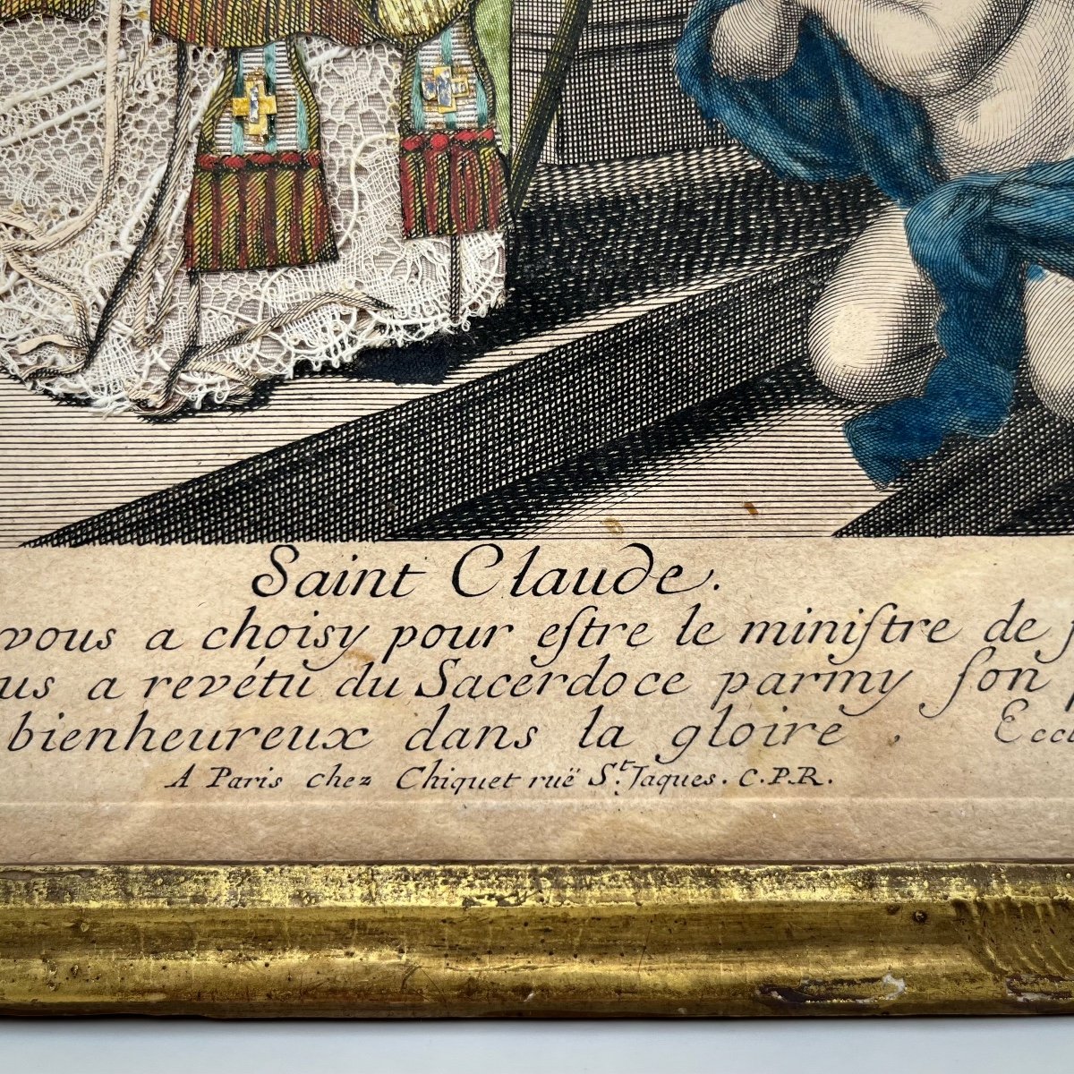 Saint Claude, gravure habillée du XVIIIe siècle d'après Mignard 18e dans un cadre en bois doré-photo-3