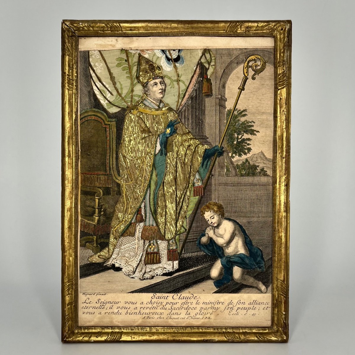 Saint Claude, gravure habillée du XVIIIe siècle d'après Mignard 18e dans un cadre en bois doré