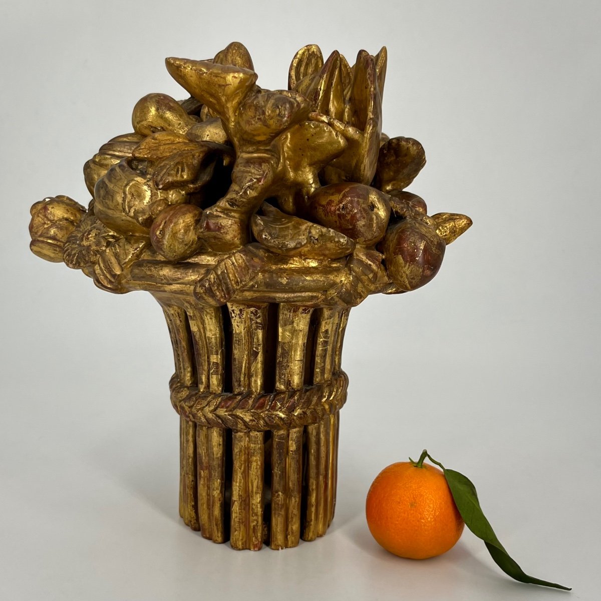 Basket Of Fruits And Flowers, Carved Gilded Wood From The End Of The 18th Century, 18th Century Centerpiece-photo-3