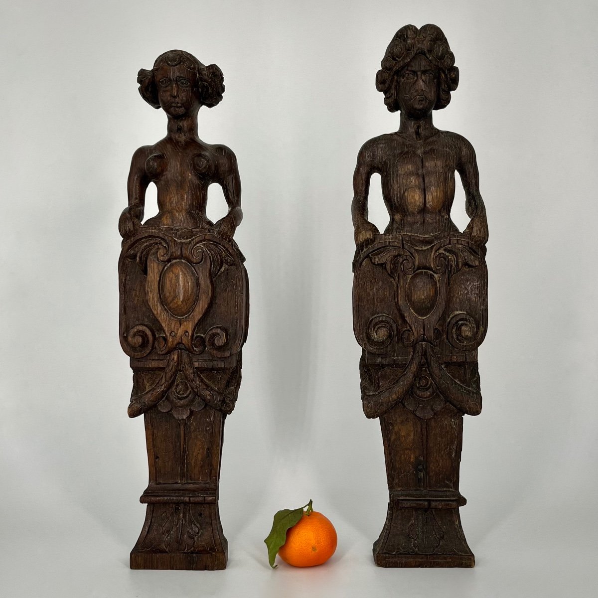 Deux personnages en bois sculpté XVIIe siècle homme et femme haute époque 17e-photo-2