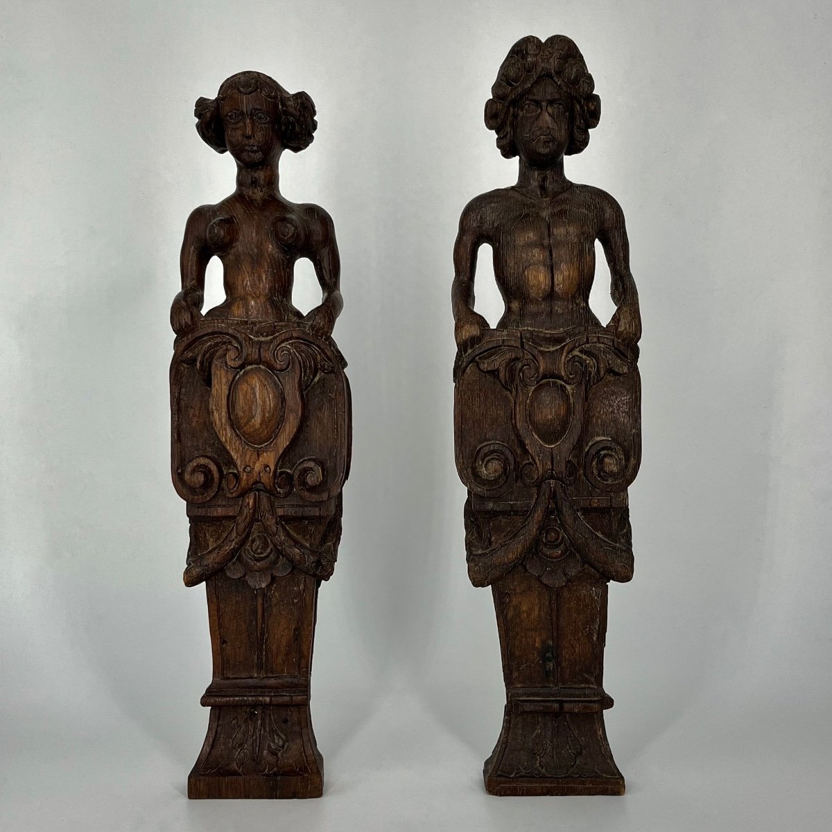 Deux personnages en bois sculpté XVIIe siècle homme et femme haute époque 17e-photo-8