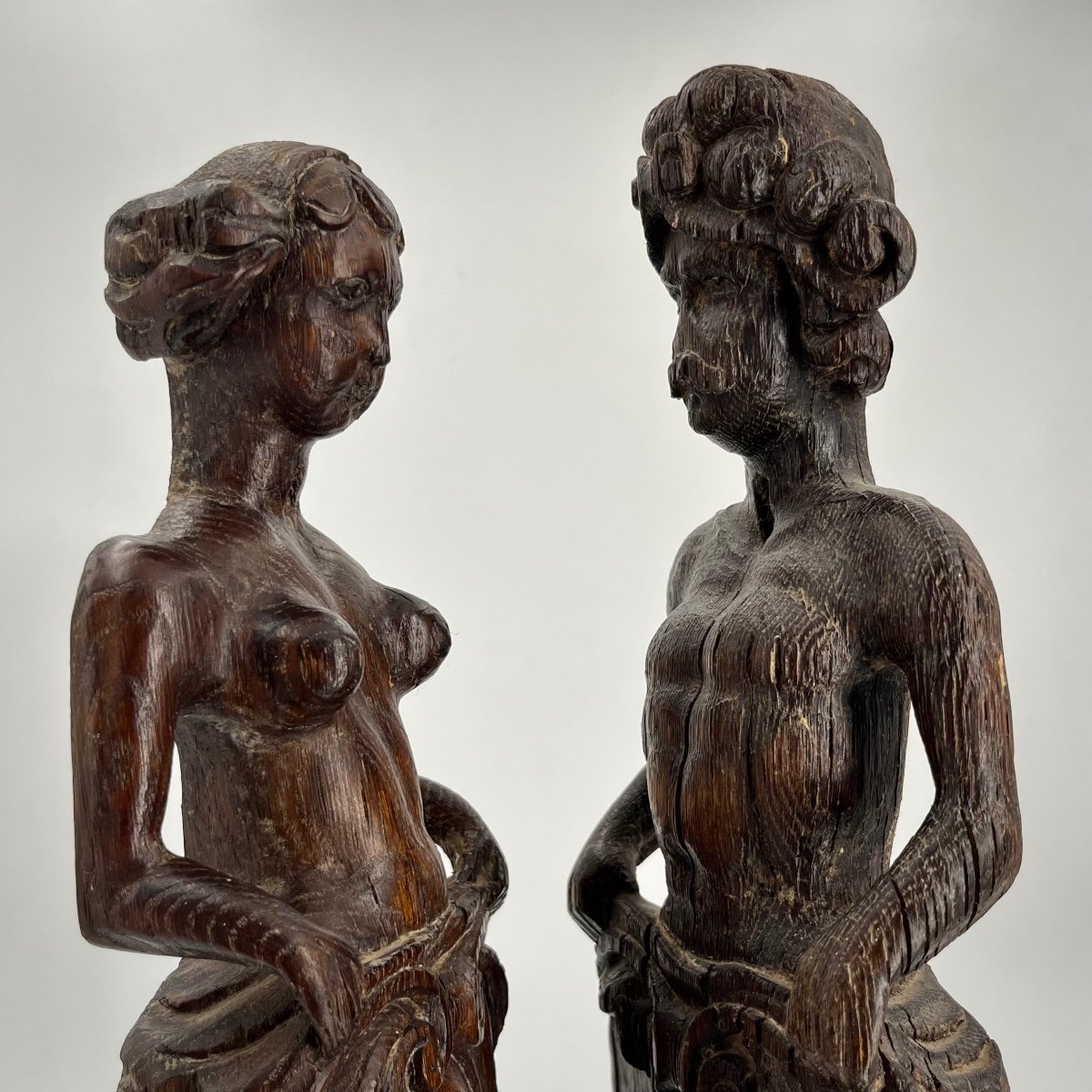 Deux personnages en bois sculpté XVIIe siècle homme et femme haute époque 17e-photo-3