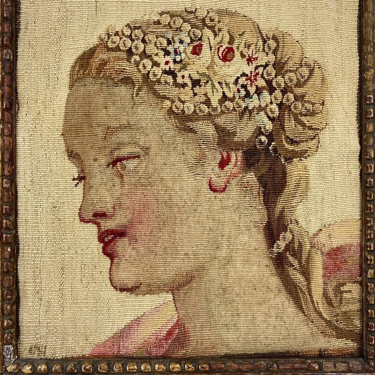 Visage de femme, fragment de tapisserie encadré XVIIe - XVIIIe siècle-photo-2