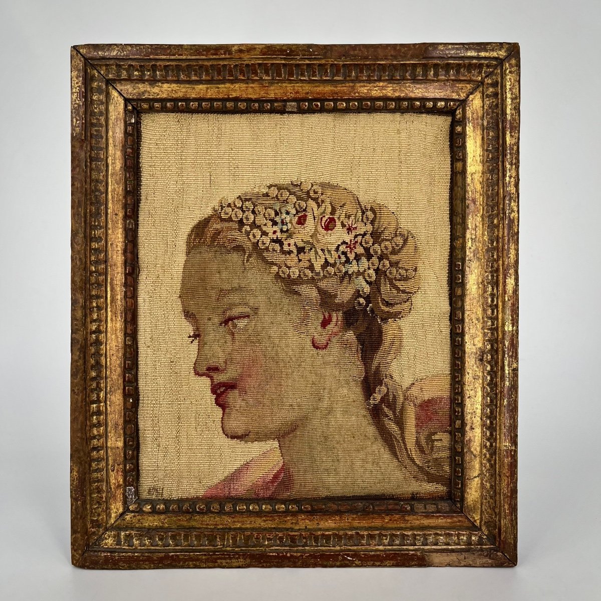 Visage de femme, fragment de tapisserie encadré XVIIe - XVIIIe siècle-photo-3