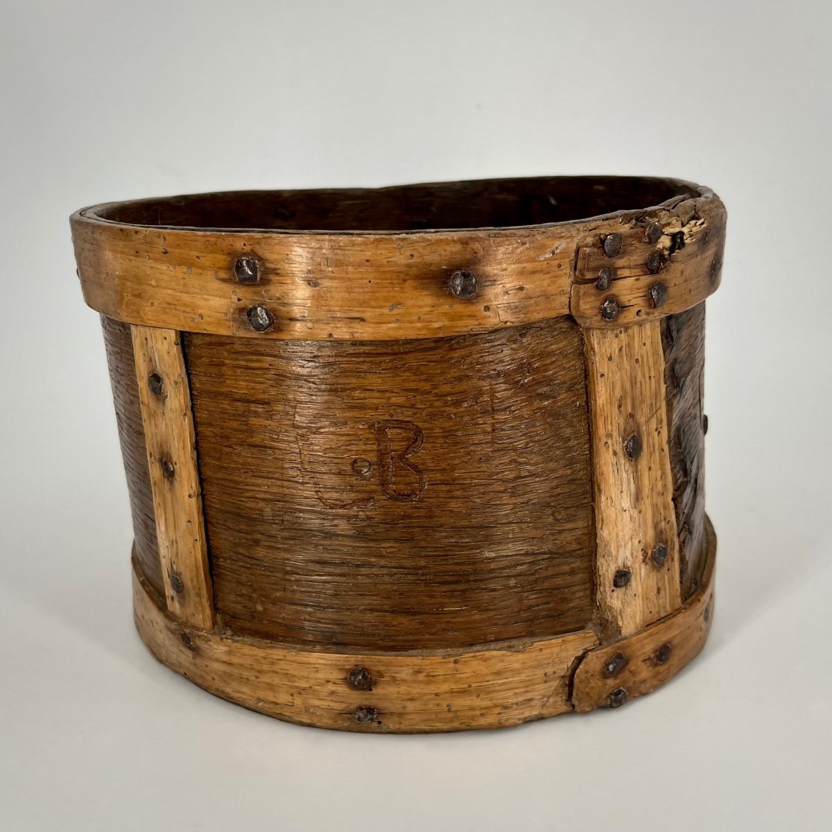 19th Century Cb Numbered Wooden Grain Measure - 19th Century Folk Art Waste Paper Basket-photo-3