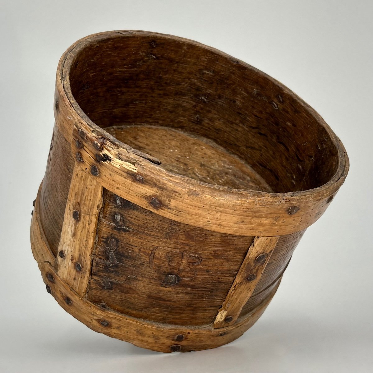 19th Century Cb Numbered Wooden Grain Measure - 19th Century Folk Art Waste Paper Basket-photo-3