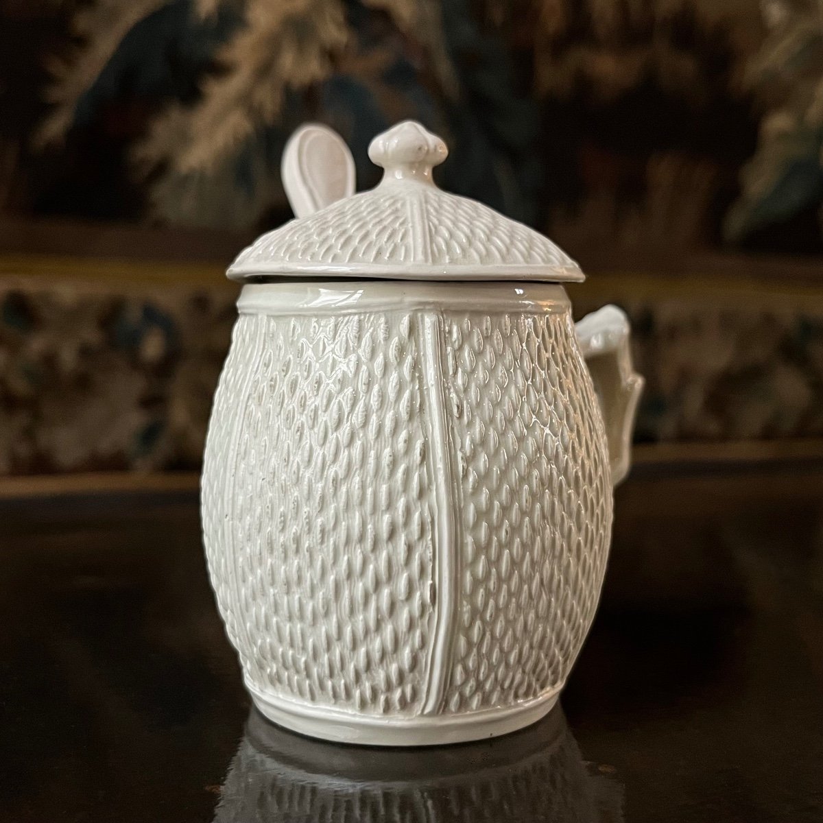 Mustard Pot And Spoon In Fine Earthenware From Pont Aux Choux, Paris, 18th Century-photo-3