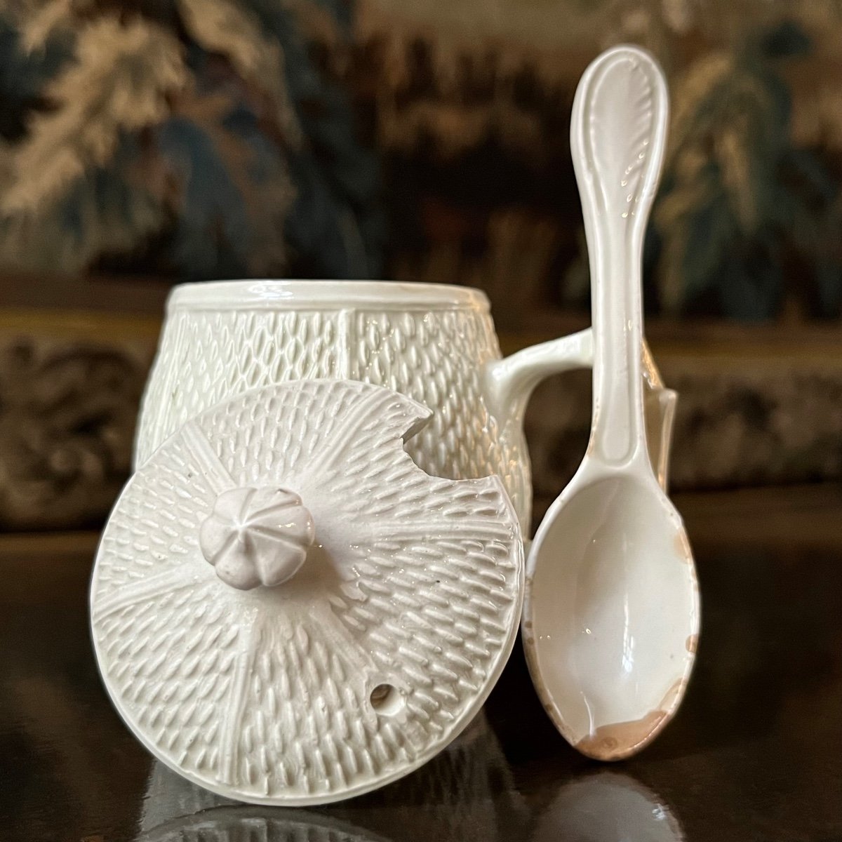 Mustard Pot And Spoon In Fine Earthenware From Pont Aux Choux, Paris, 18th Century-photo-2