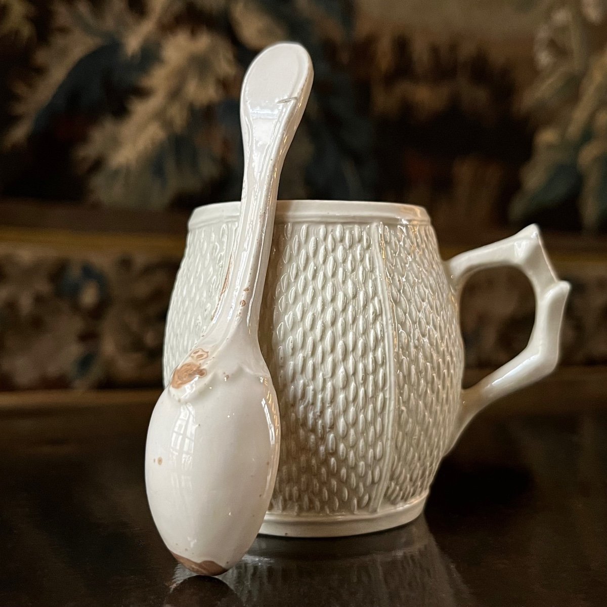 Mustard Pot And Spoon In Fine Earthenware From Pont Aux Choux, Paris, 18th Century-photo-4