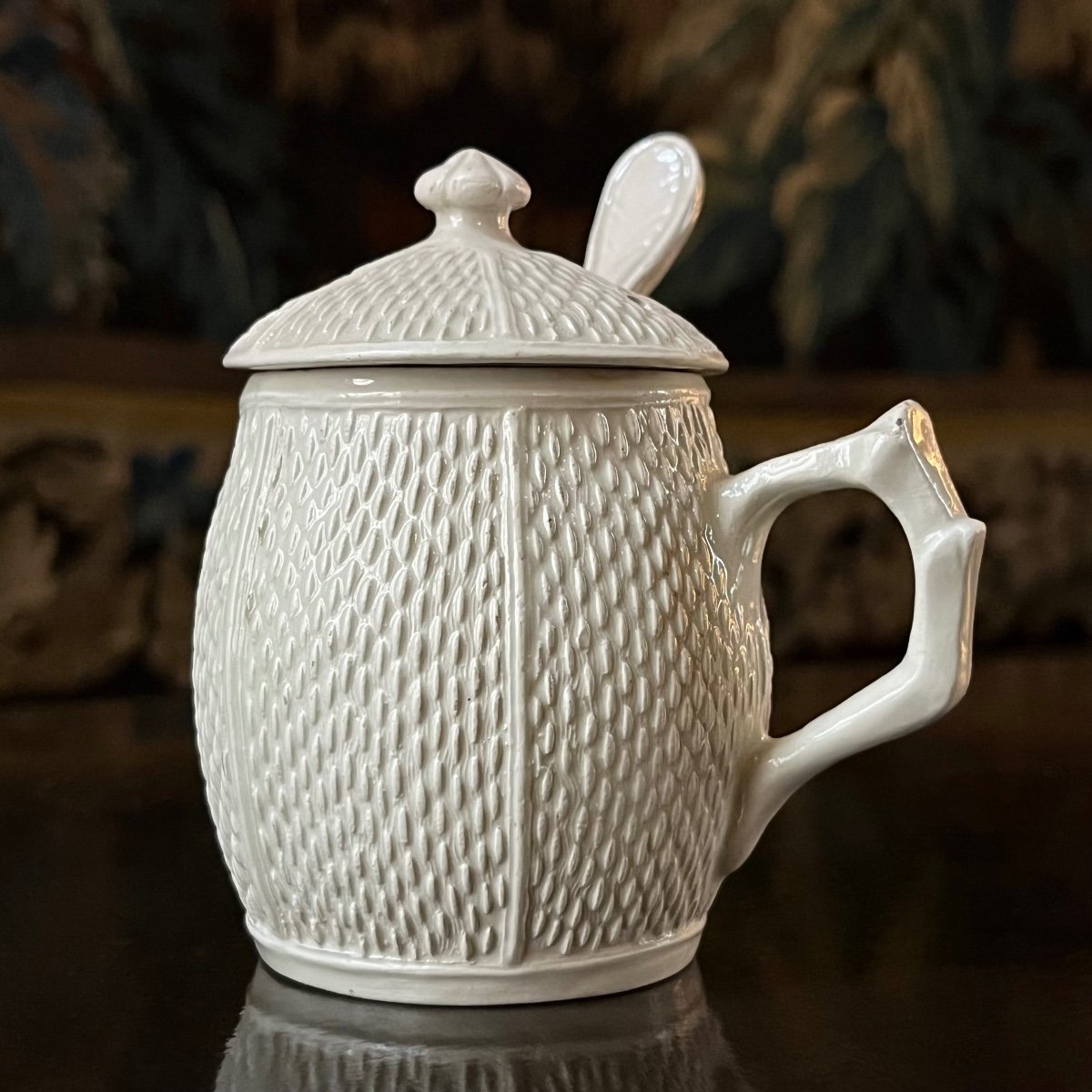 Mustard Pot And Spoon In Fine Earthenware From Pont Aux Choux, Paris, 18th Century-photo-2