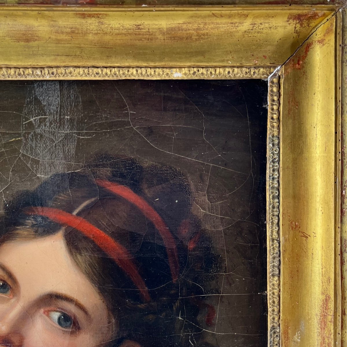 Portrait Of A Young Girl, Oil On Canvas 19th Century In A Gilded Wooden Frame 19th Century Painting -photo-4