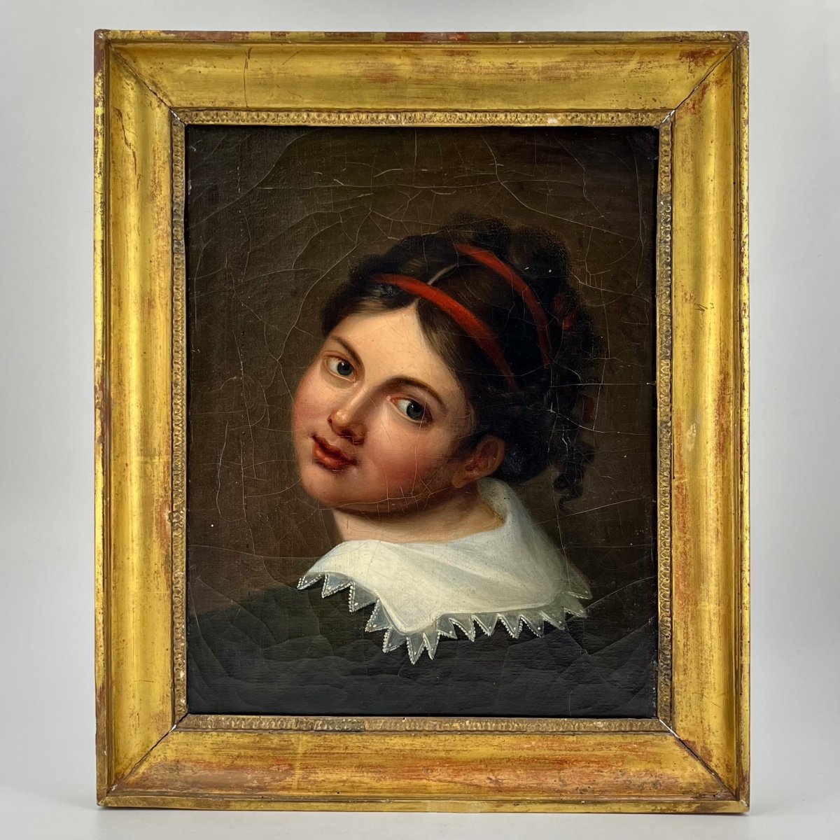 Portrait Of A Young Girl, Oil On Canvas 19th Century In A Gilded Wooden Frame 19th Century Painting -photo-2