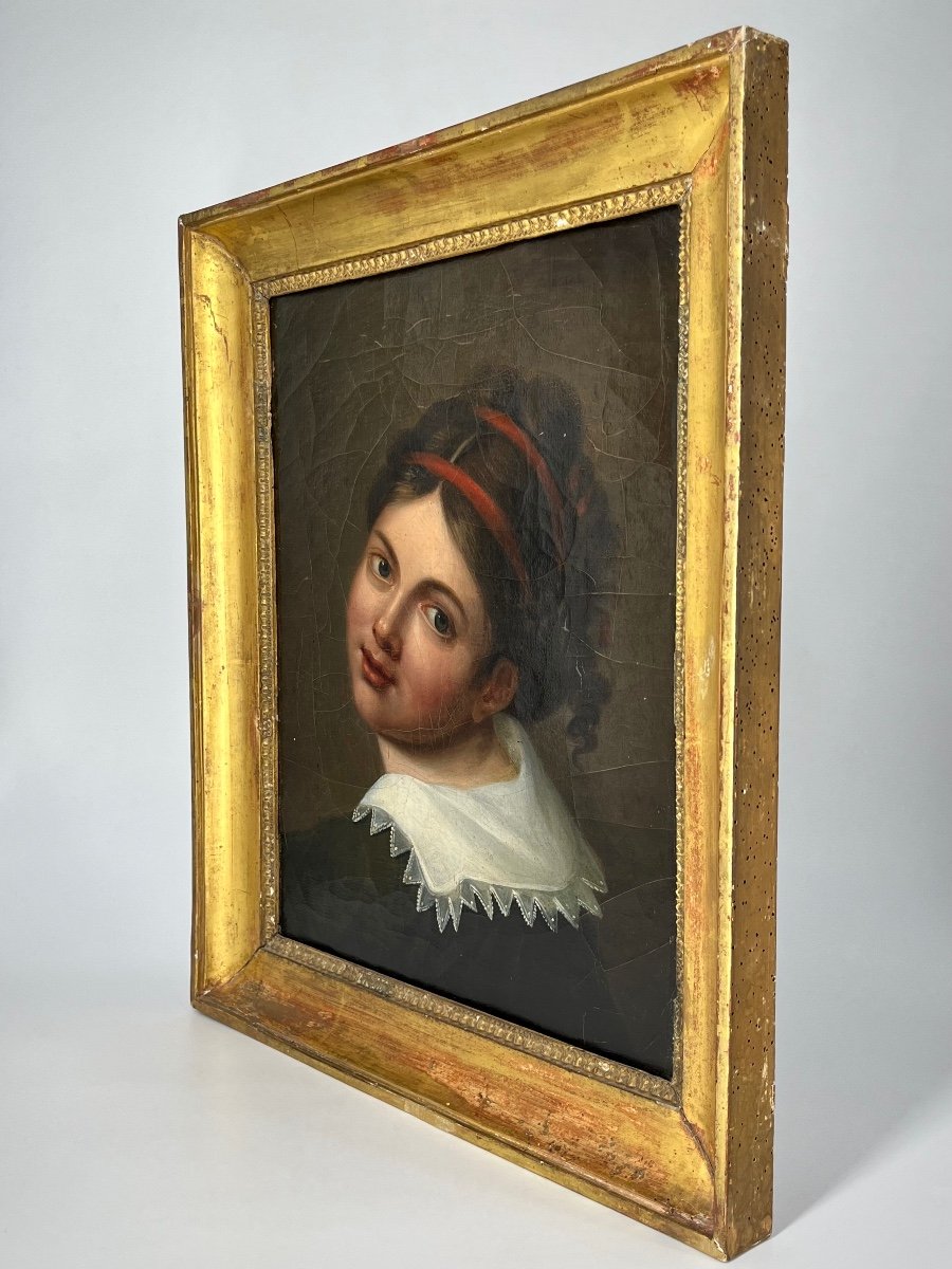 Portrait Of A Young Girl, Oil On Canvas 19th Century In A Gilded Wooden Frame 19th Century Painting -photo-3