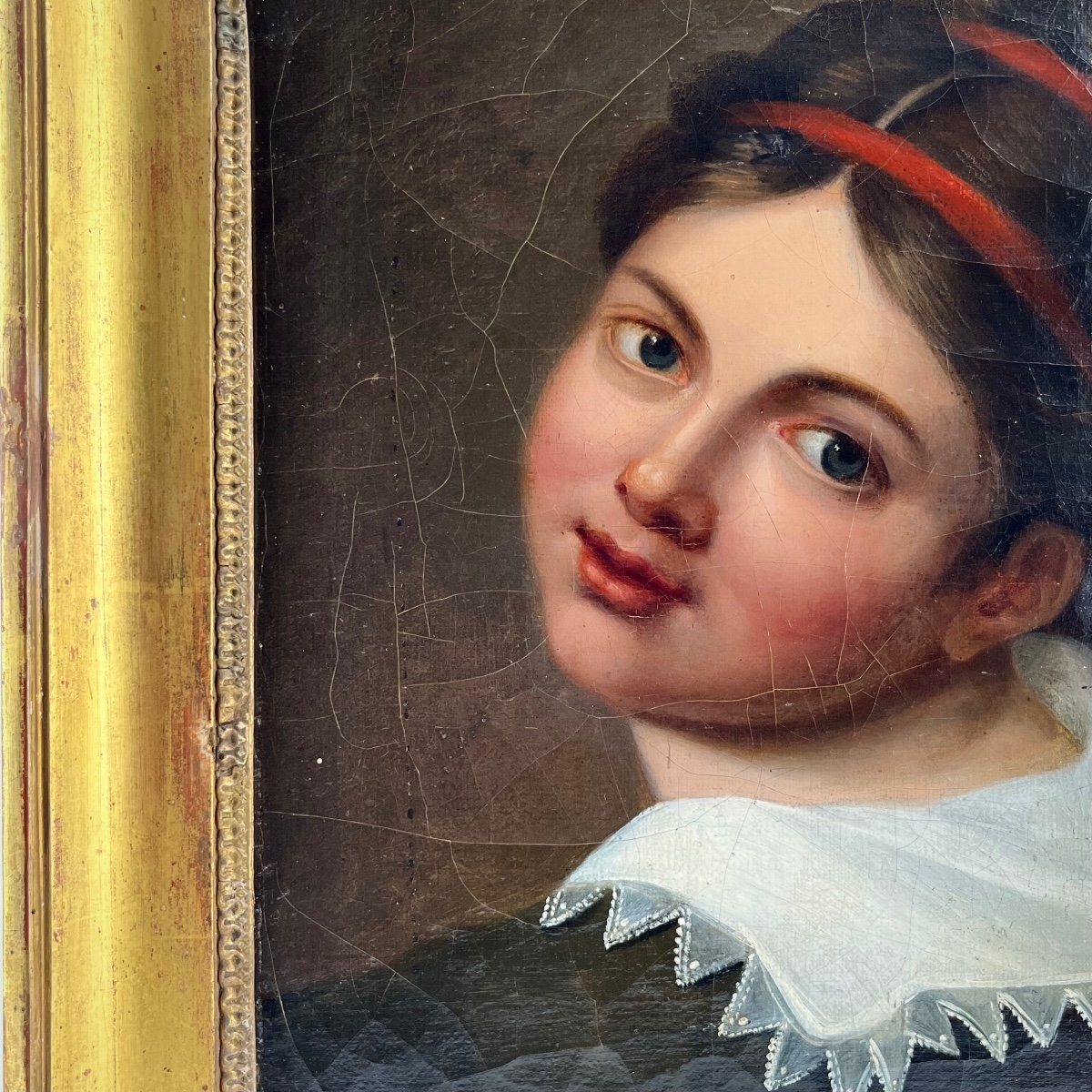 Portrait Of A Young Girl, Oil On Canvas 19th Century In A Gilded Wooden Frame 19th Century Painting -photo-4