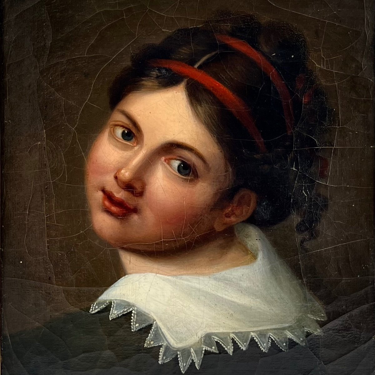 Portrait Of A Young Girl, Oil On Canvas 19th Century In A Gilded Wooden Frame 19th Century Painting 