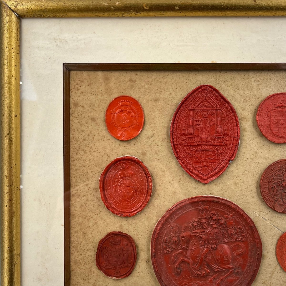 Composition With Old Wax Seals From The 18th - 19th Centuries In A Gilded Wooden Frame-photo-2