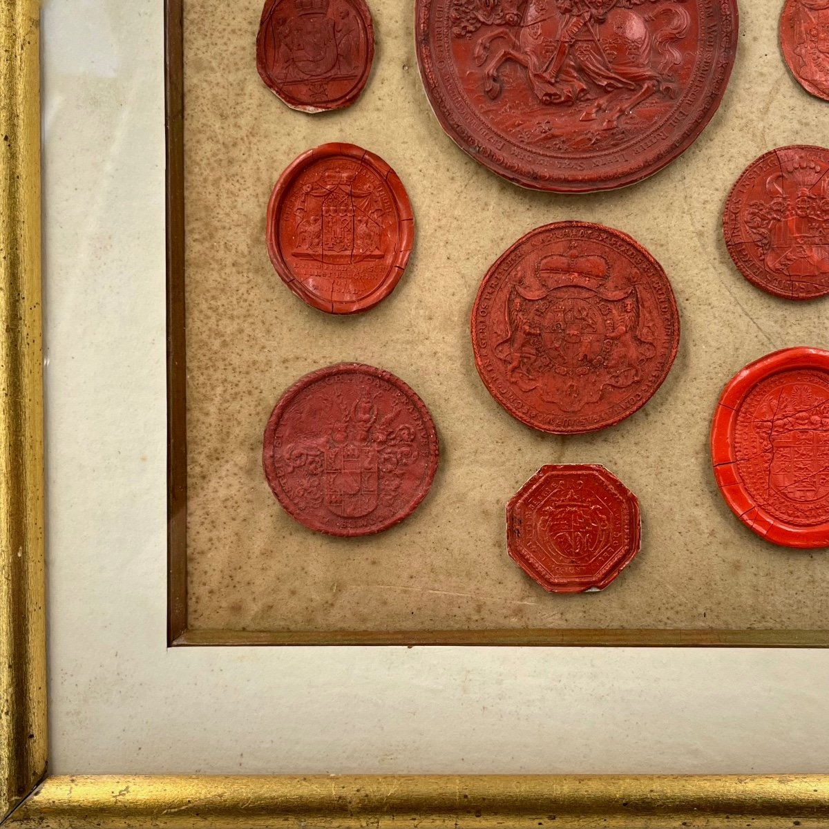 Composition With Old Wax Seals From The 18th - 19th Centuries In A Gilded Wooden Frame-photo-1