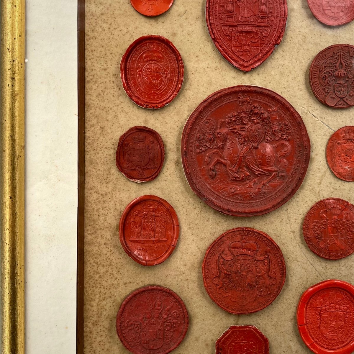 Composition With Old Wax Seals From The 18th - 19th Centuries In A Gilded Wooden Frame-photo-8