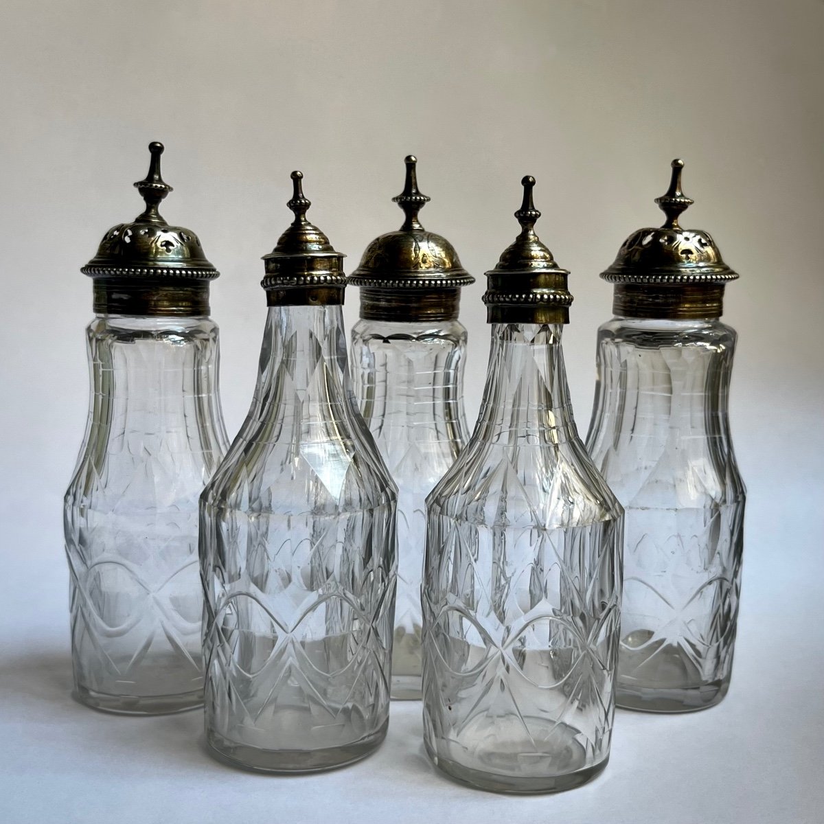 Glass Or Cut Crystal Bottles And Sprinklers With Silver Stoppers, Late 18th - Early 19th Century