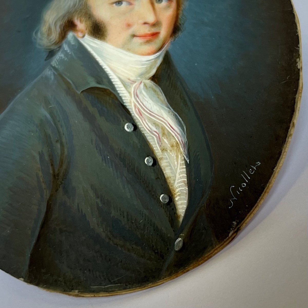 Boîte à décor d'un portrait miniature d'homme signé Nicollet cerclage en or XIXe siècle 19e-photo-2