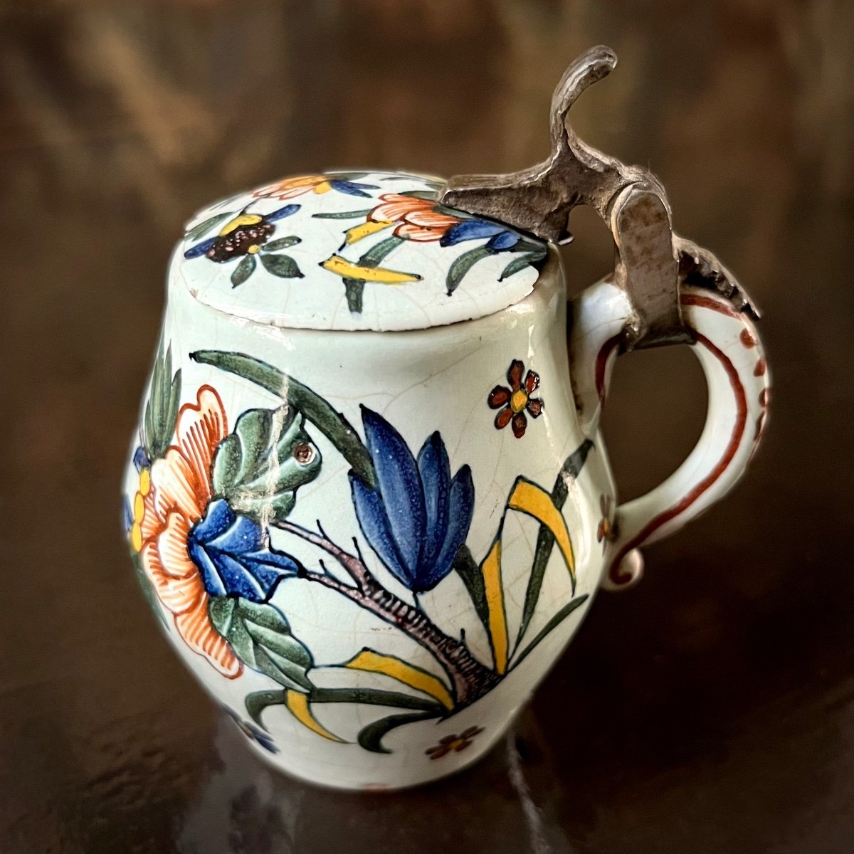 Rouen Earthenware Mustard Pot Decorated With Flowers And Butterflies, 18th Century - 18th Century -photo-2