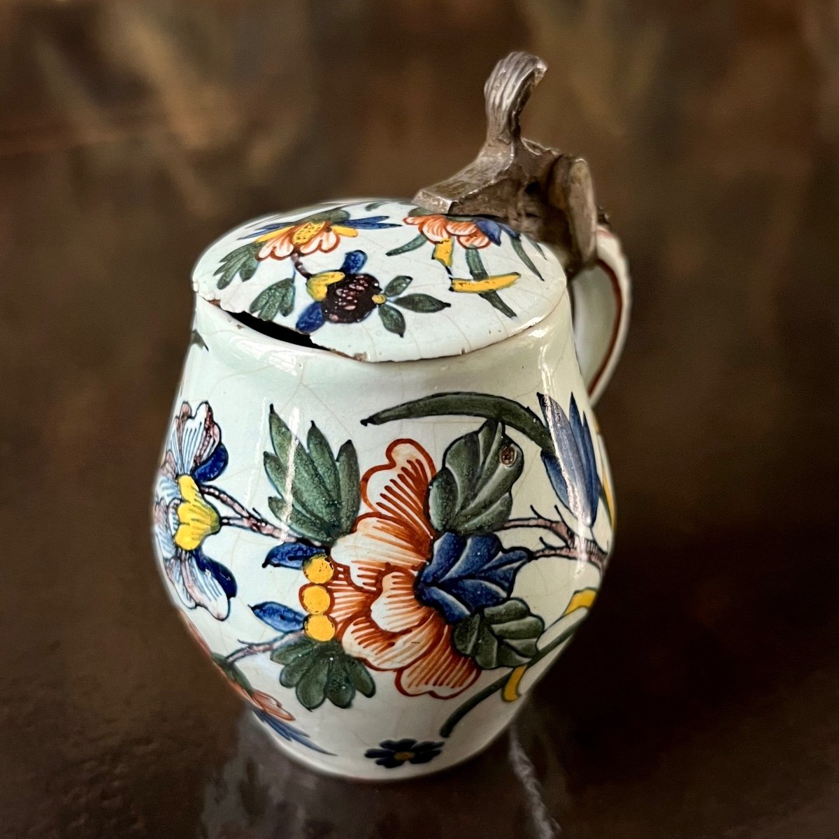 Rouen Earthenware Mustard Pot Decorated With Flowers And Butterflies, 18th Century - 18th Century -photo-4