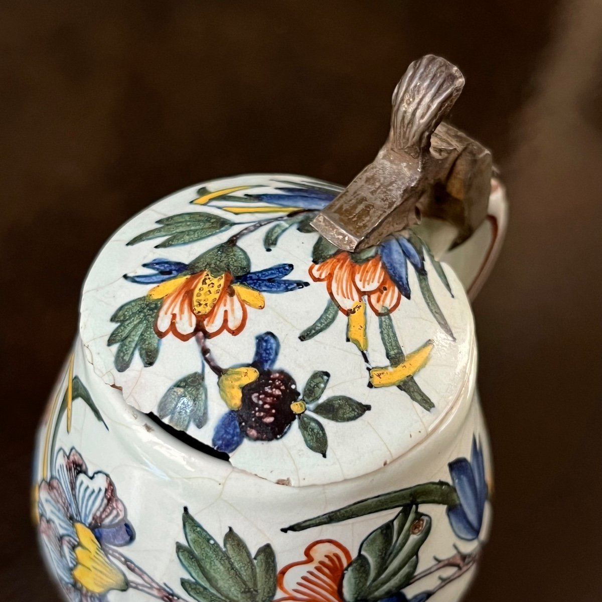 Rouen Earthenware Mustard Pot Decorated With Flowers And Butterflies, 18th Century - 18th Century -photo-1