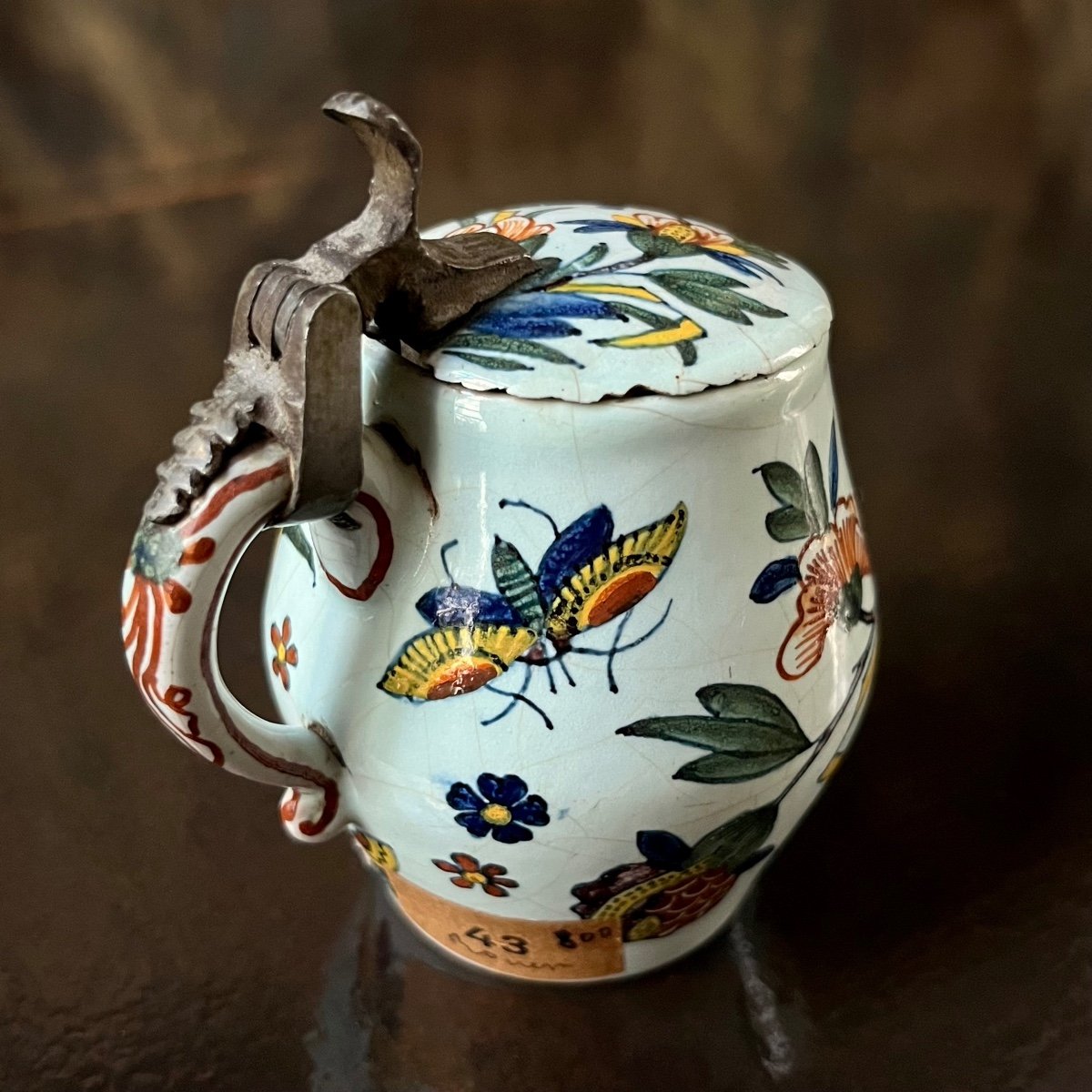 Rouen Earthenware Mustard Pot Decorated With Flowers And Butterflies, 18th Century - 18th Century -photo-6