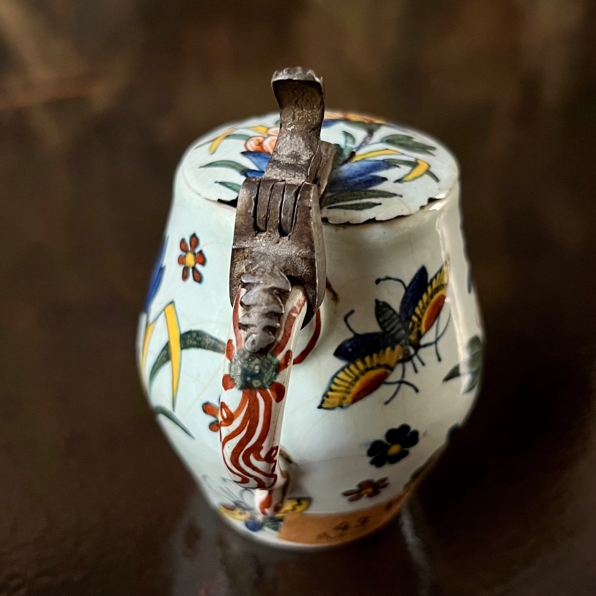 Rouen Earthenware Mustard Pot Decorated With Flowers And Butterflies, 18th Century - 18th Century -photo-7