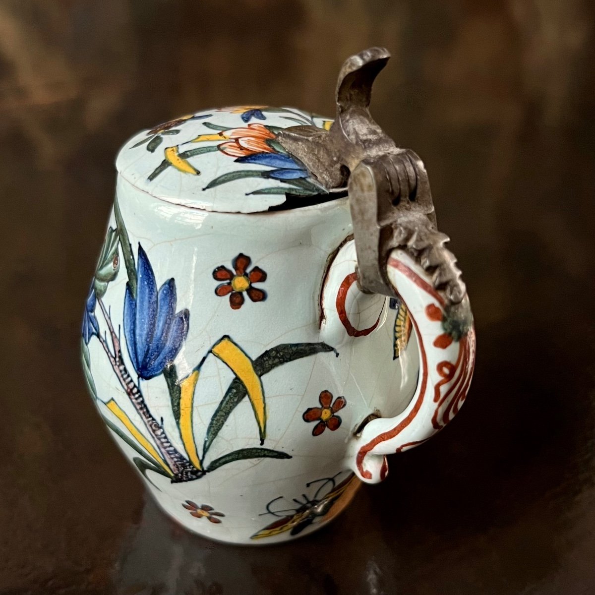 Rouen Earthenware Mustard Pot Decorated With Flowers And Butterflies, 18th Century - 18th Century -photo-8