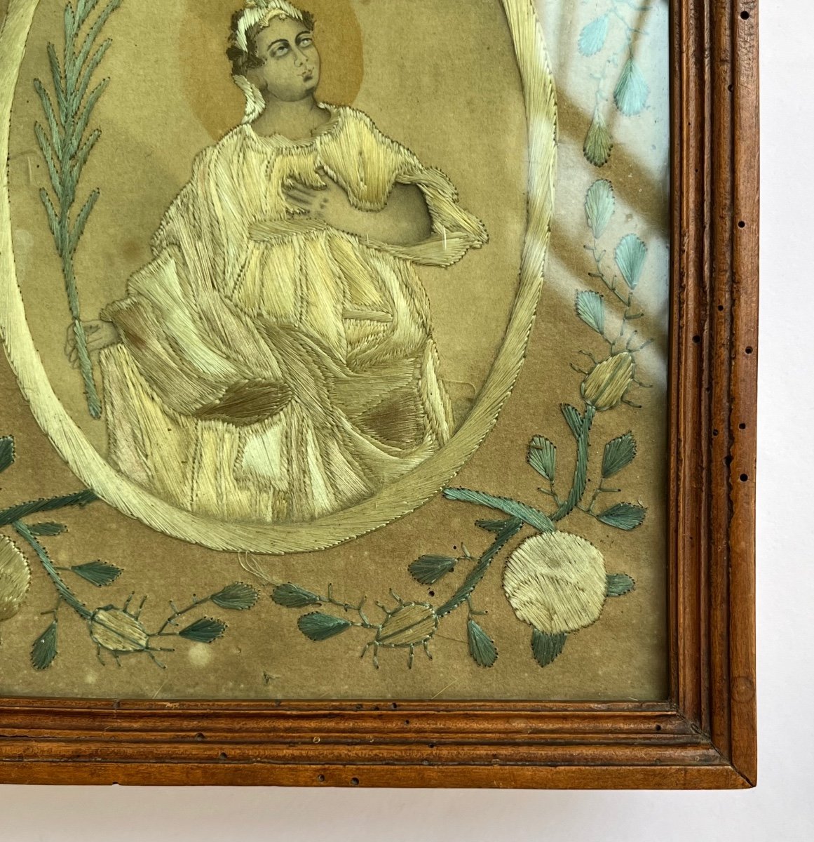 Saint Catherine, Needlepoint Embroidery On Paper, 19th Century Folk Art 19th-photo-1