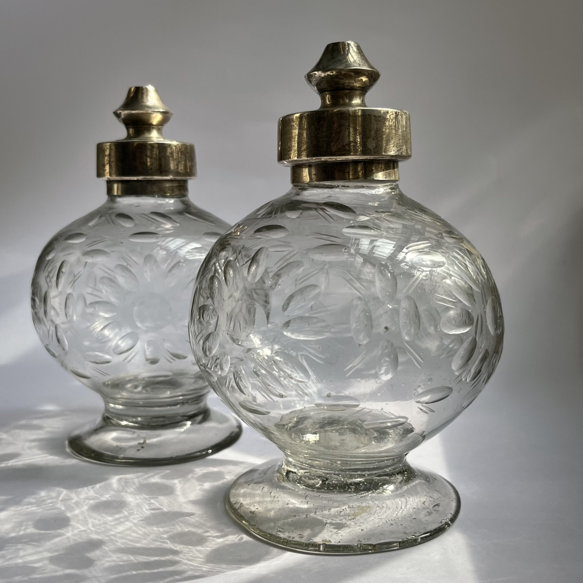 Two 18th Century Blown And Faceted Cut Glass Ball Bottles 18th Century 18th Century 18th Century