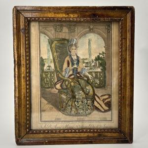 Gravure habillée XVIIIe rehaussée de perles Anne Marie d'Orléans Duchesse de Savoie
