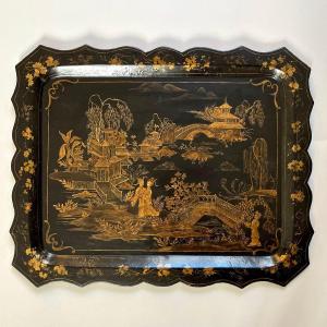 Large Tray In Painted Sheet Metal With Sinic Decor, Napoleon III Period Chinoiserie 19th Century