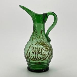 Norman Cider Pitcher In Green Tinted Blown Glass Painted Decor, Bresle Valley, Early. 19th Century