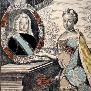 Gravure habillée XVIIIe la Reine d'Espagne Élisabeth Farnèse 18e à Paris chez Chiquet royauté